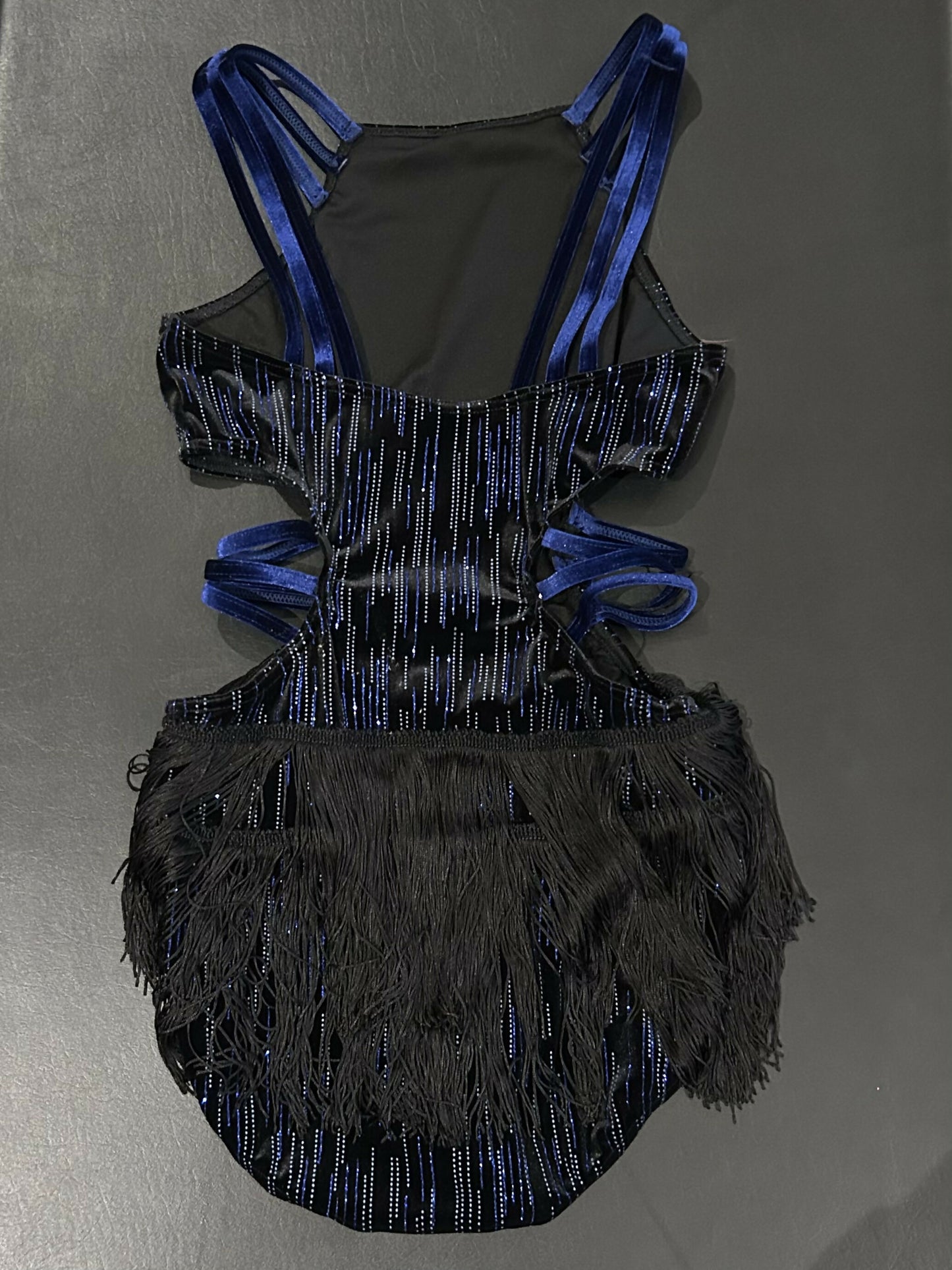 Navy velvet bodysuit with black fringe jazz costume