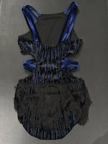 Navy velvet bodysuit with black fringe jazz costume