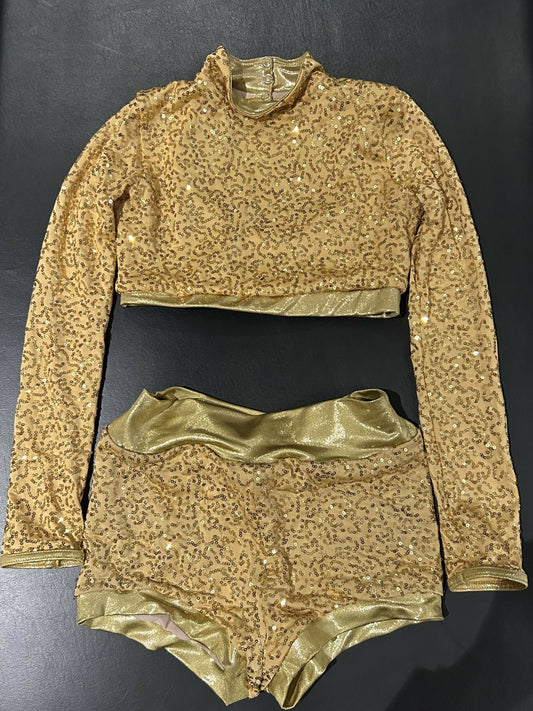 Gold two piece jazz costume with sequins