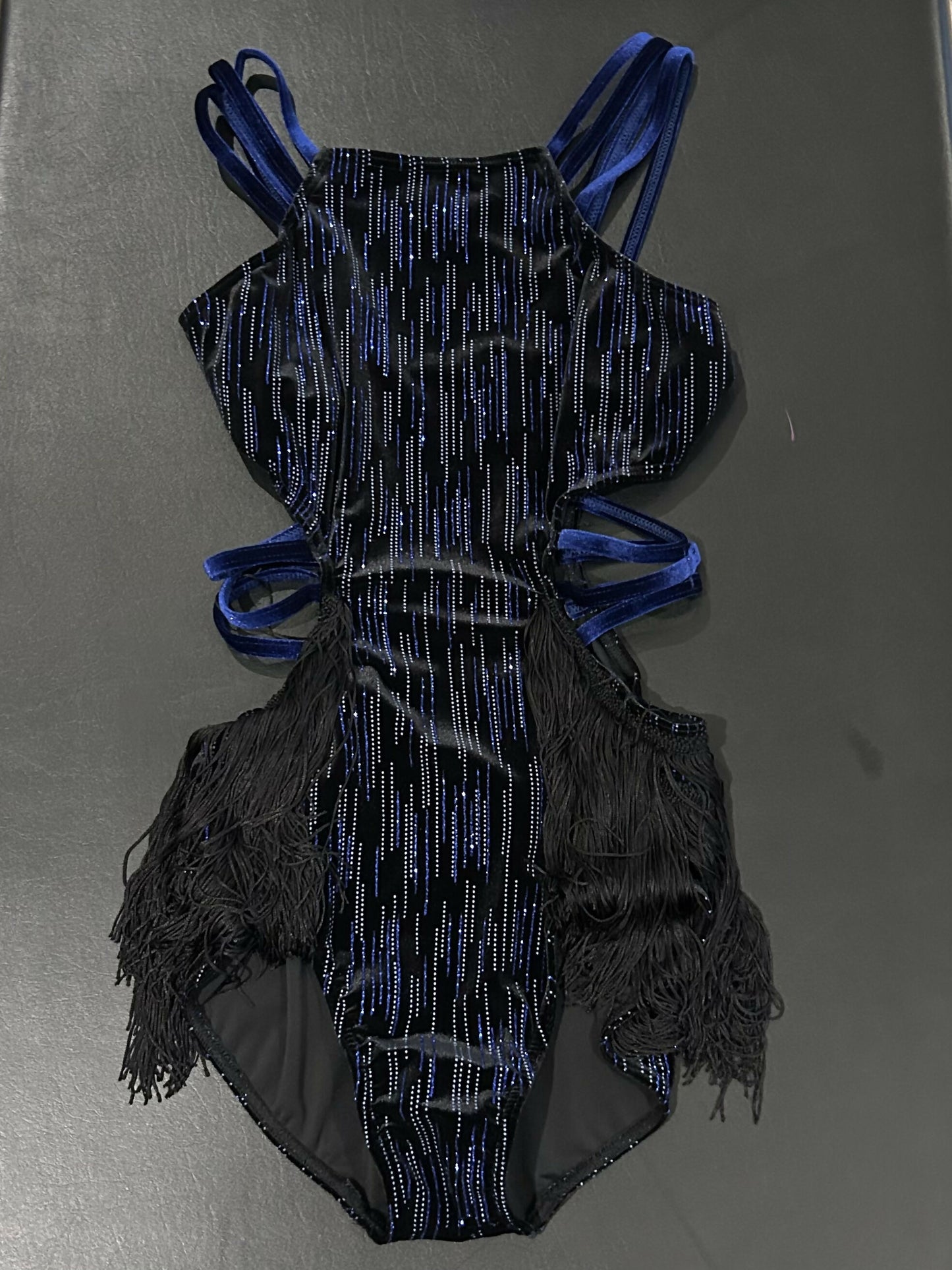 Navy velvet bodysuit with black fringe jazz costume