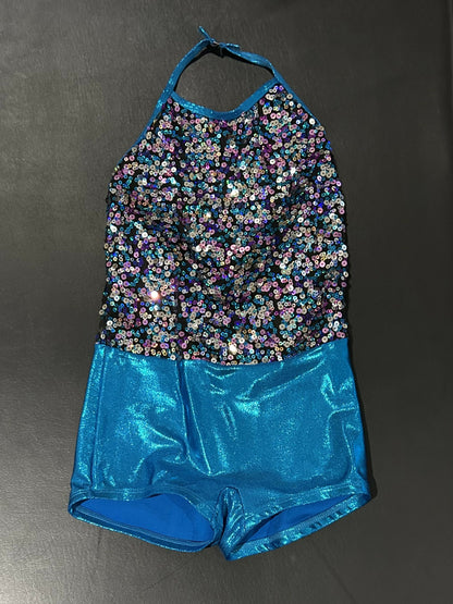 Aqua/purple/silver sequin jazz costume